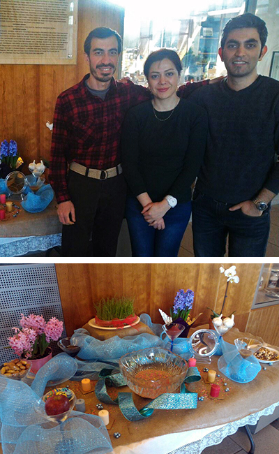 Top photo: Shahriar S. Heydari (left), Niki Ashouri and Reza Abdi created a display in the Gateway Center to educate the ESF community about the Persian New Year.