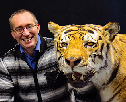 Mikhail Paltsyn poses with taxidermied Amur tiger specimen. Photo: Wendy O. Osborne, ESF