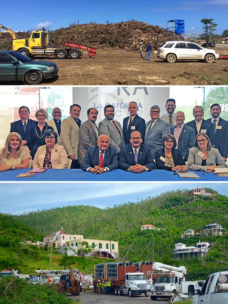 Photos at top and bottom show relief efforts underway in Puerto Rico. In middle photo, Mark Lichtenstein (fourth from left, back row) joins SUNY colleagues on a recent trip to the island. 