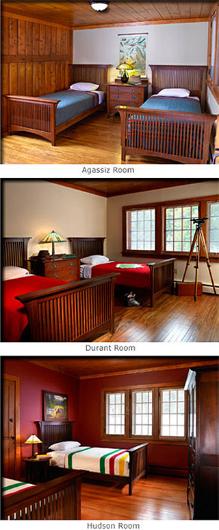 Rooms at Arbutus great camp from top to bottom image - agassiz room with 2 double beds anda dresser in the middle. Durant room with 2 double beds with red blankets and a dresser with lamp in the middle. Hudson room with two double beds and a nighstand with lamp next to the bed.