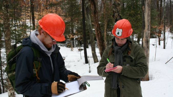 Two students in hard hats working in the forest taking notes.