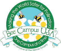 bee campus U S A with two bees hovering over flowers. making the world safer for pollinators one campus at a time