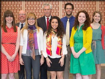 IN FRONT ROW, FROM LEFT, ARE STUDENTS MEGAN EWALD, ANNA EBERS AND STEPHANIE SMITH; AND LAURA DEJOSEPH, ESF INTERNSHIP COORDINATOR. IN BACK ROW, FROM LEFT ARE ROBERT QUINN OF THE ESF DEVELOPMENT OFFICE; TERRY BROWN, EXECUTIVE DIRECTOR OF THE FALCONE CENTER FOR ENTREPRENEURSHIP AT SYRACUSE UNIVERSITY