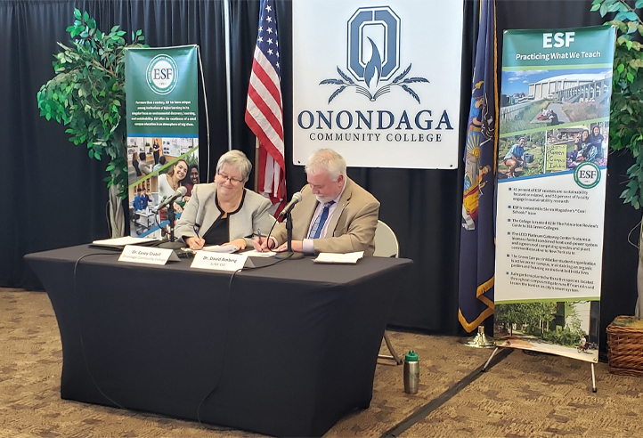 Dr. Casey Crabhill (left), Onondaga College President and Dr. David Amberg, ESF Interim President