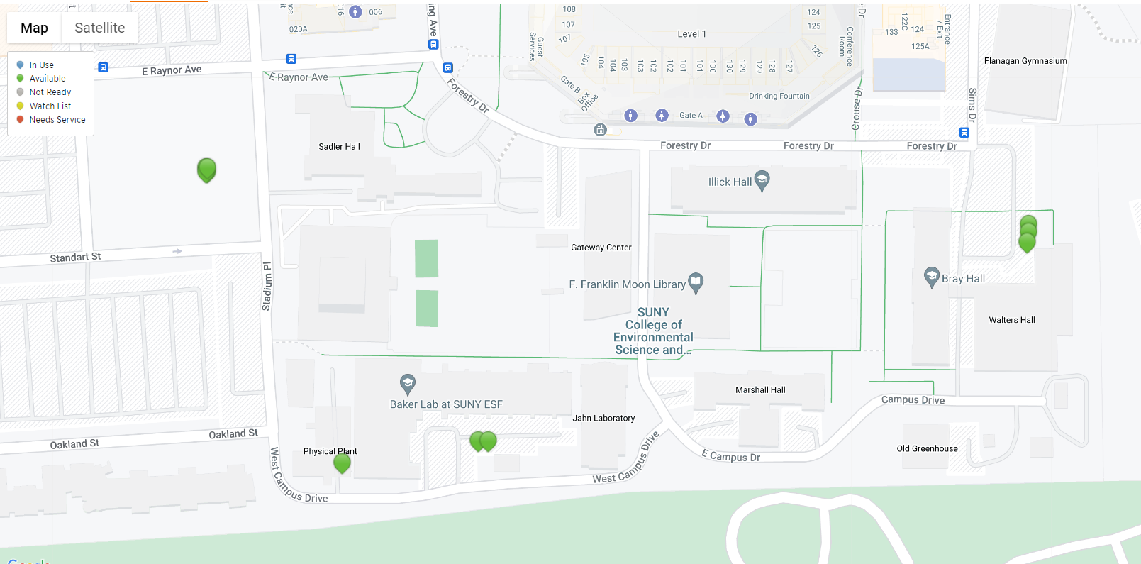 ev charging map - 4 stations in Lot P22 (public) and 6 by campus buildings (permit only)