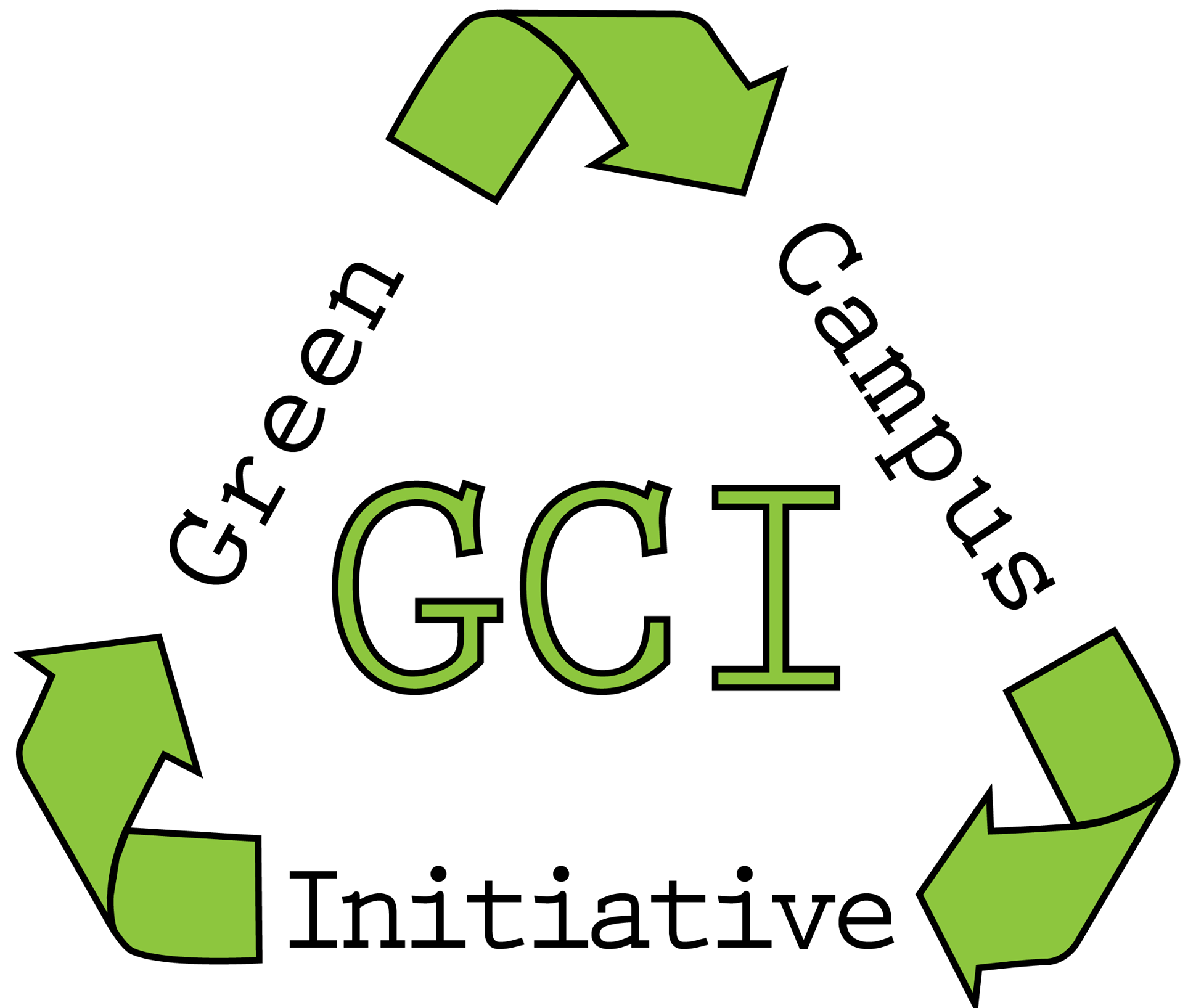 Green Campus Initiative logo: Light green chasing arrows arranged like the triangular recycling symbol surround "GCI"