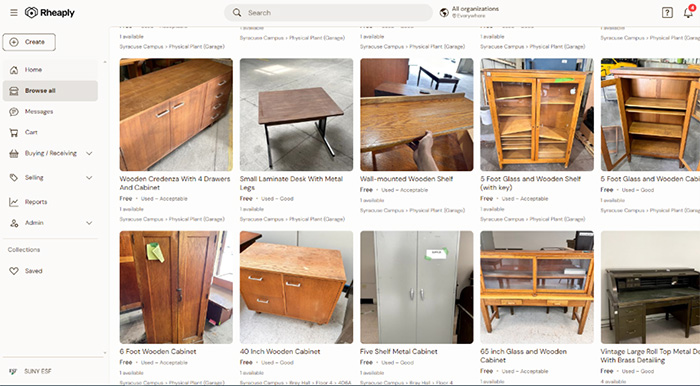 Screenshot of the ESF Resource Exchange, showing a variety of items available for reuse on ESF campuses.