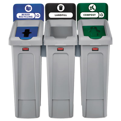 trash, recycling, compost triple stream plastic bins