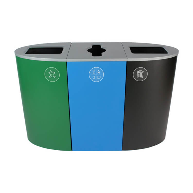 trash, recycling, compost triple stream metal bins