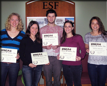 STUDENTS HONORED BY THE USCAA INCLUDE, FROM LEFT, MEGAN KUCZKA, CHRISTINA ELLIOTT, DAN ARSENEAU, DREW GAMILS AND ASHLEY MILLER.