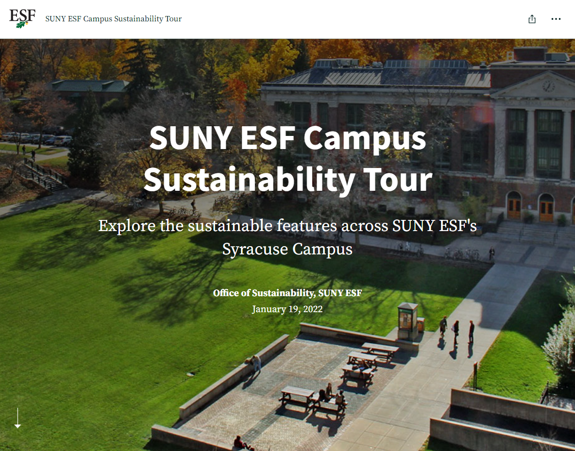 The ESF quad in fall is overlaid with white text: "SUNY ESF Campus Sustainability Tour" "Explore the sustainable features across SUNY ESF's Syracuse Campus" "Office of Sustainability, SUNY ESF January 19, 2022"