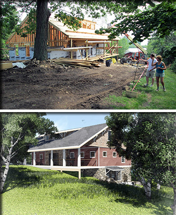 BUILDING CONSTRUCTION (TOP), ARCHITECTS RENDERING OF COMPLETED BUILDING (BOTTOM)