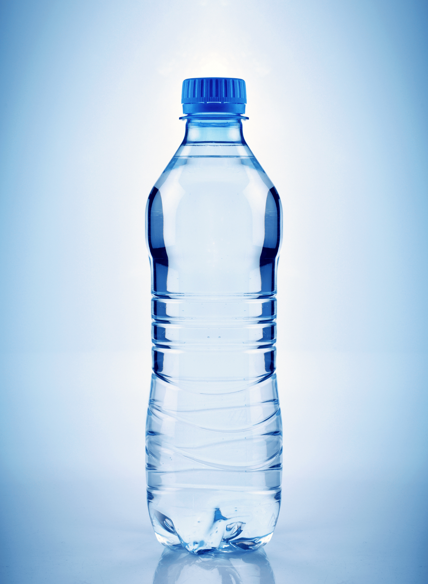 Clear water bottle on a gradient white to blue background