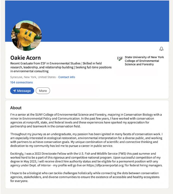 Example developed LinkedIn profile for Oakie Acorn