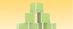 Orange background with a pile of green boxes.