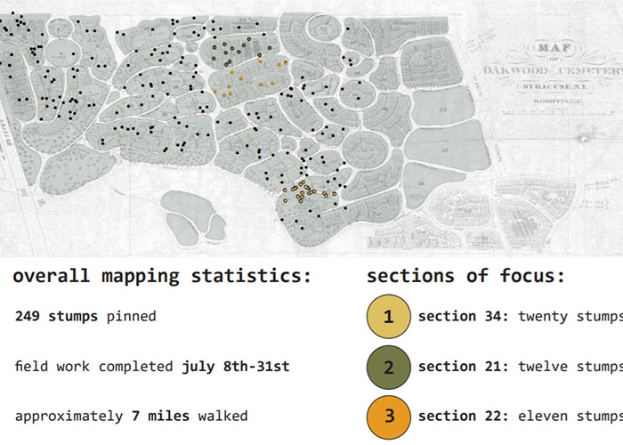 Satellite image of Oakwood Cemetery with overall mapping statistics