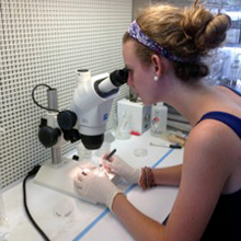 a woman looking through a microscope