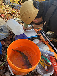 A fix in a bucket and a guy writing in a lab book