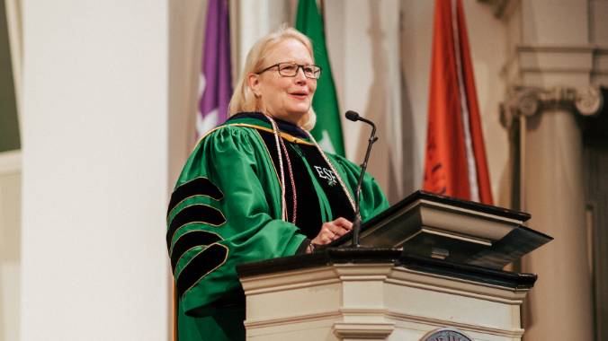 ESF President Joanie Mahoney addresses students at Commencement.