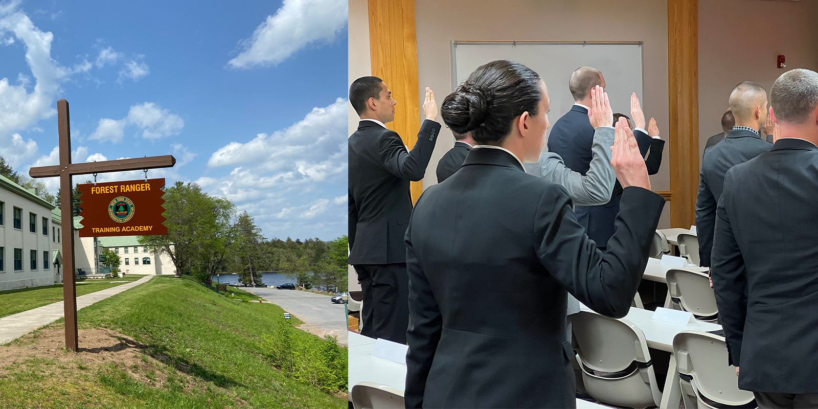FOREST RANGER TRAINING ACADEMY AT ESF'S RANGER SCHOOL (LEFT). RANGER ACADEMY SWEARING-IN CEREMONY (RIGHT).