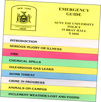 emergency guide poster with the phone number for E S F university police