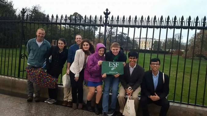 Students holding an ESF flag in Washington DC