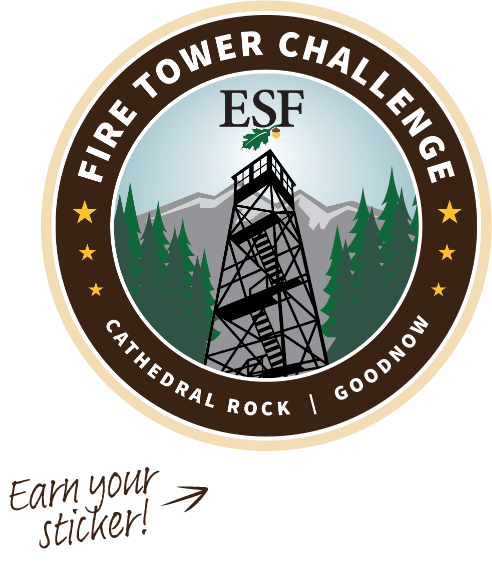Fire Tower Challenge sticker depicting the ESF logo, a fire tower, and their names.