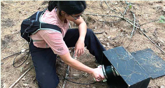 Melia handling an equipment in the field