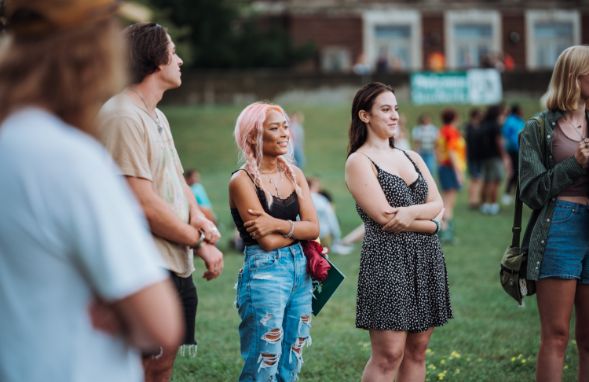 Students standing on the quad during orientation