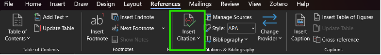 Screen shot of the Microsoft Word References ribbon with Insert Citation highlighted.