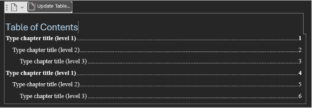 Screen shot depicting a structured Table of Contents created in Microsoft Word.