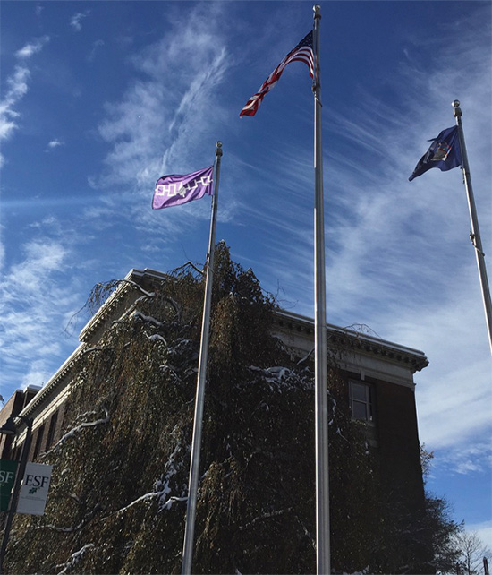 3 flags beside the Bray Hall at E SF. From left to right, flag of the Haudenosaunee nation, United States of America, and the New York State