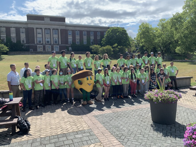 rising ninth graders in Onondaga county at E S F with Oakie for summer science week kickoff