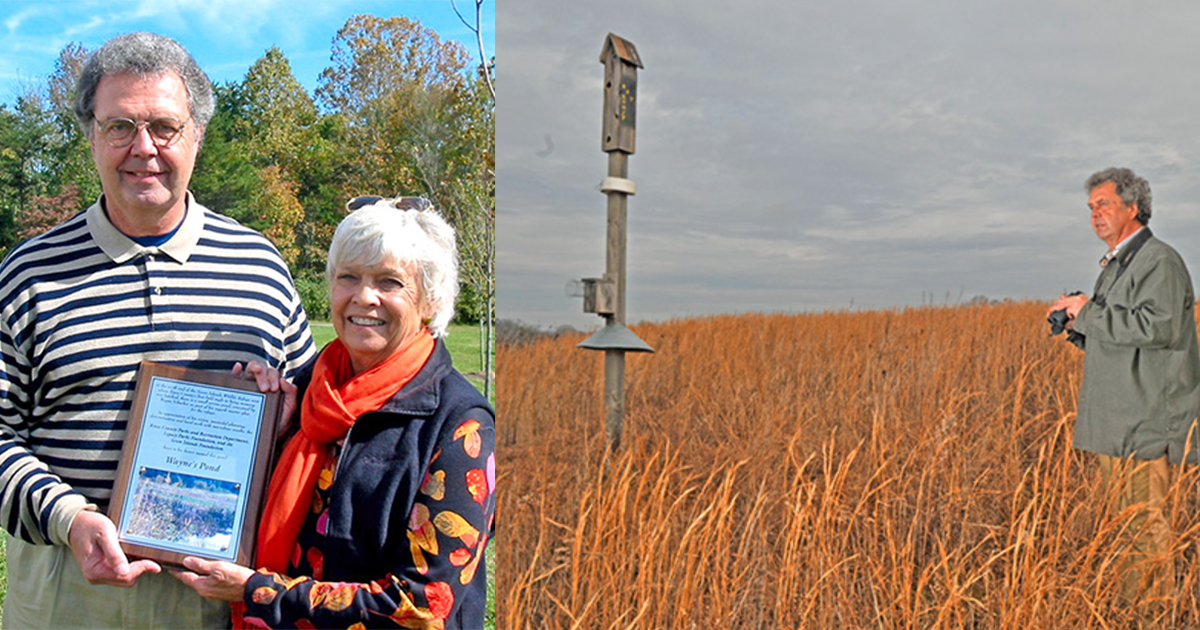 Wayne schacher with his wife holding a frame on the left and ont he right is wayne in a field