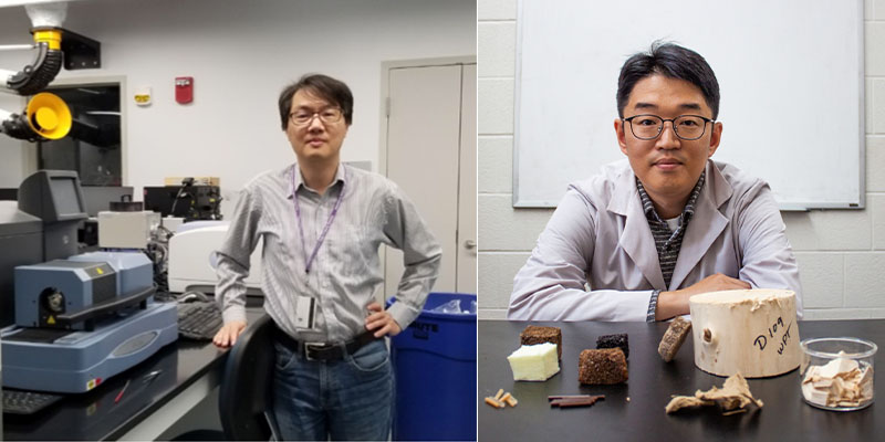 Man with dark hair and glasses wearing long sleeved shirt standing in laboratory on the left and Yoo wearing white coat and glasses sitting on a desk displaying wood samples