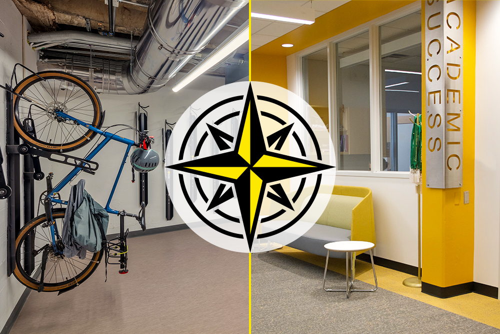 bike storage and academic success photos with compass on top