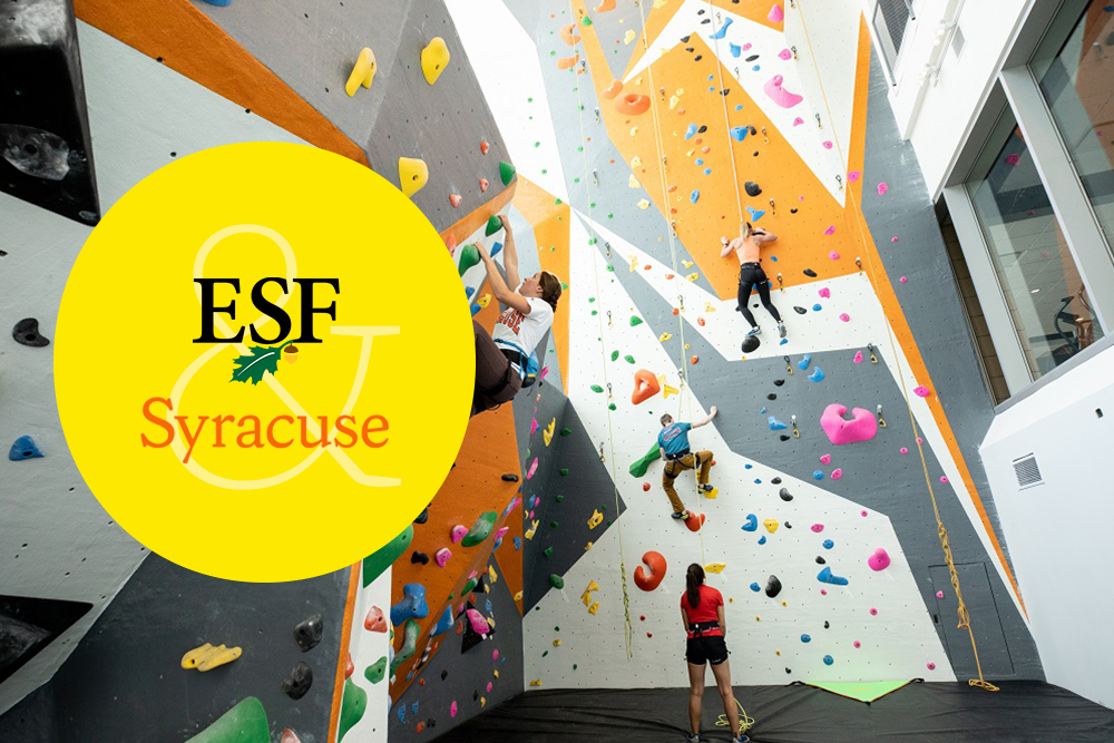 Shot of Barnes Center rock wall at SU