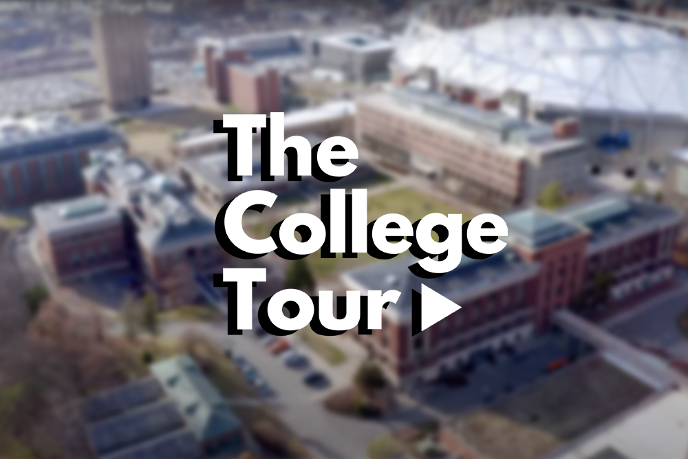 Words "The College Tour" over a blurred image of the ESF campus.