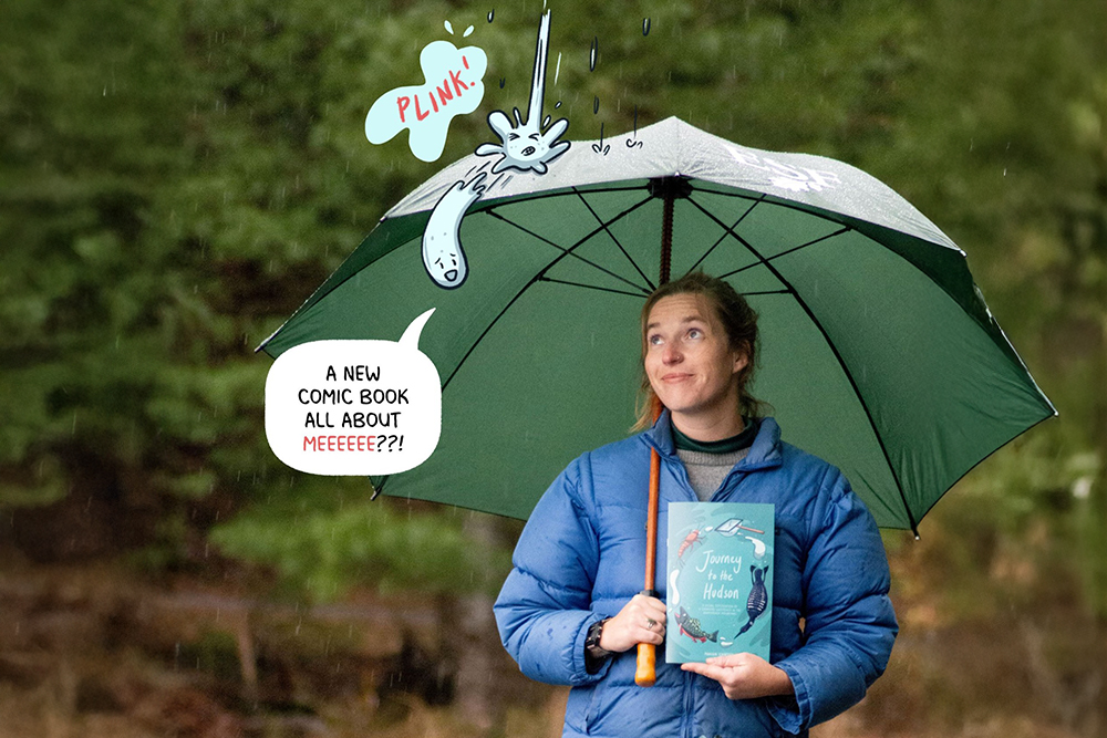 Woman holding umbrella and a book looking up at a cartoon raindrop.