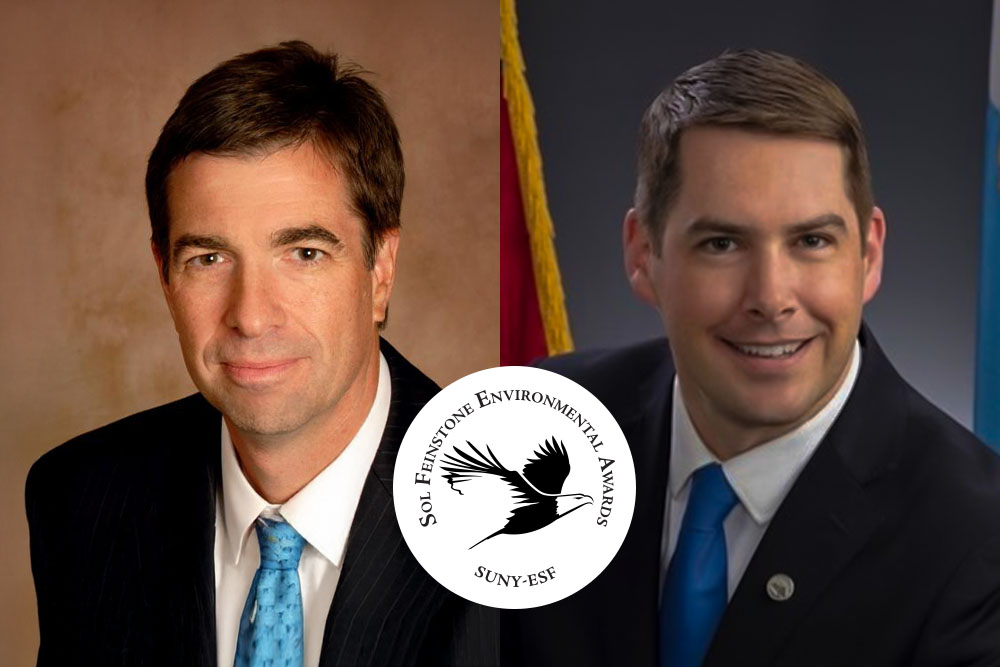 Headshots of two men both wearing blue suits, white shirts and blue ties