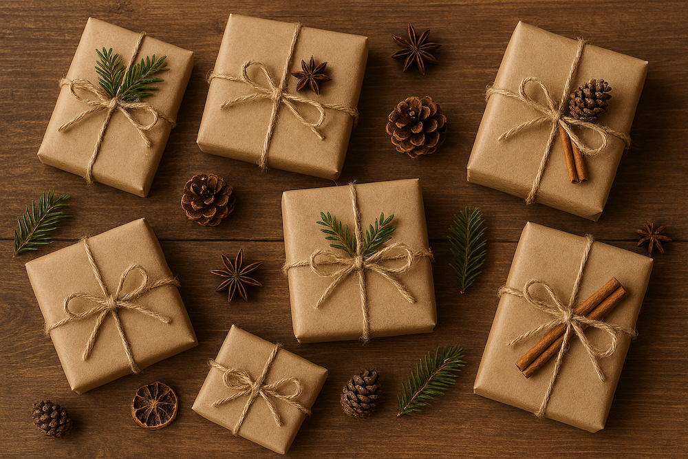 Seven packages wrapped in brown kraft paper, twine and decorated with pinecones, evergreens and cinnamon sticks.