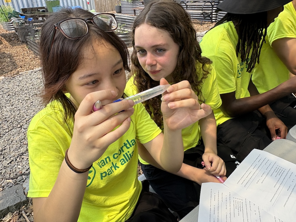 Participants in bright yellow Van Cortlandt Park Alliance shirts work together during an outdoor science activity, closely observing and measuring a sample in a clear test tube. Seated at a table with worksheets and surrounded by garden beds, the group engages in hands-on environmental learning and data collection.