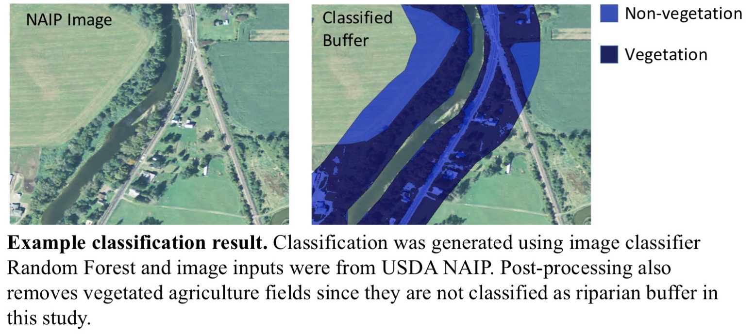 classification generated using image classifier random forest and image inputs were from U S D A N A I P. The non-vegetation is shown in blue color and vegetation is shown in dark blue