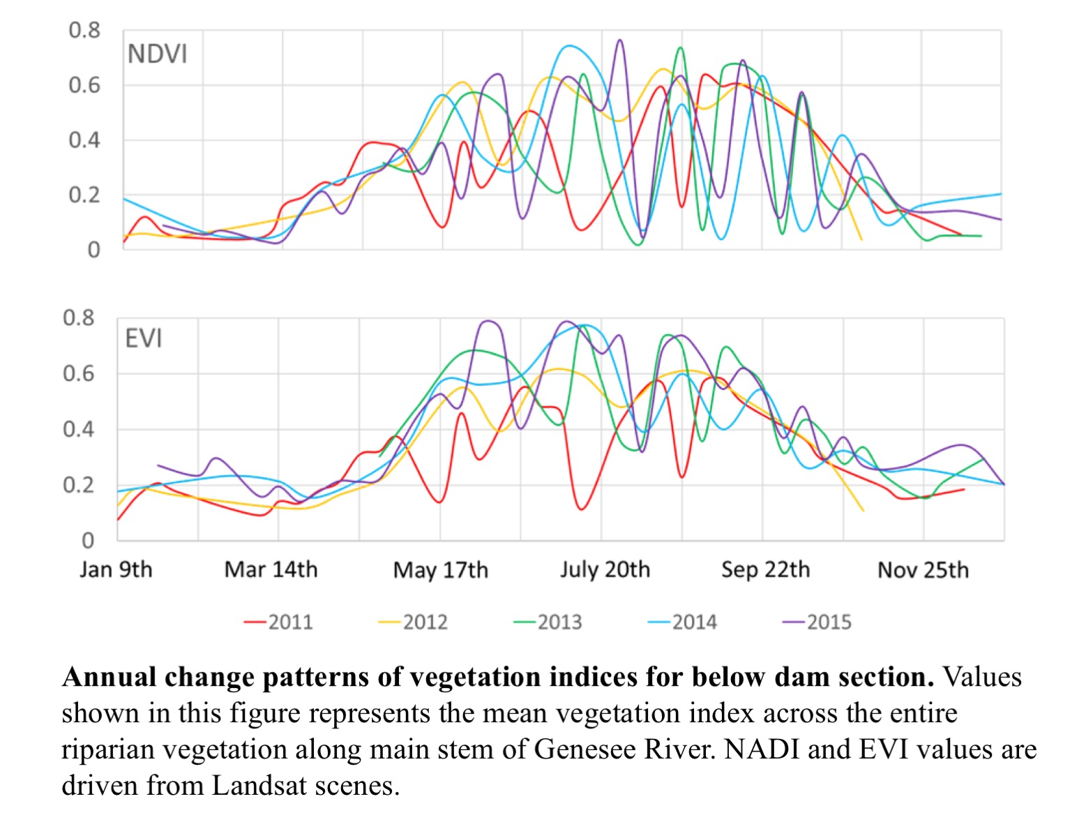 graph showing the annual change patterns of vegetation indices for below dam section. values shown in this figure represents the mean vegetation index across the entire riparian vegetation along main stem of genesee river.