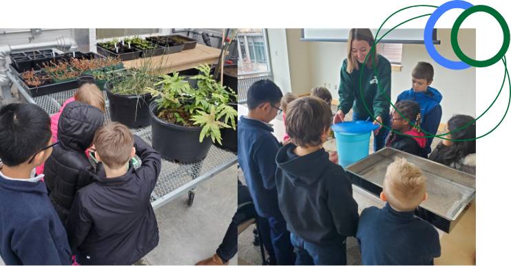 Science Corps members work with a group of students.
