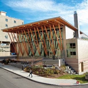 Photo of timber-supported entry to Gateway Center.