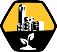 a hexagon divided into two unequal parts. The upper part has big buildings in white against a yellow background and the lower image is of a sampling in white color against black background
