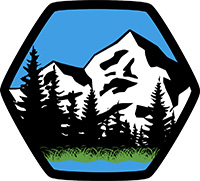 a hexagon has an image of mountains, trees, grass, and water