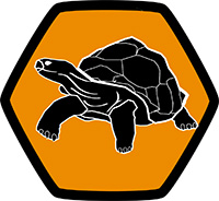 a black turtle against a yellow background inside a hexagon