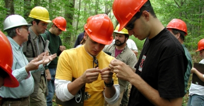 Students looking at a sample in the forest.